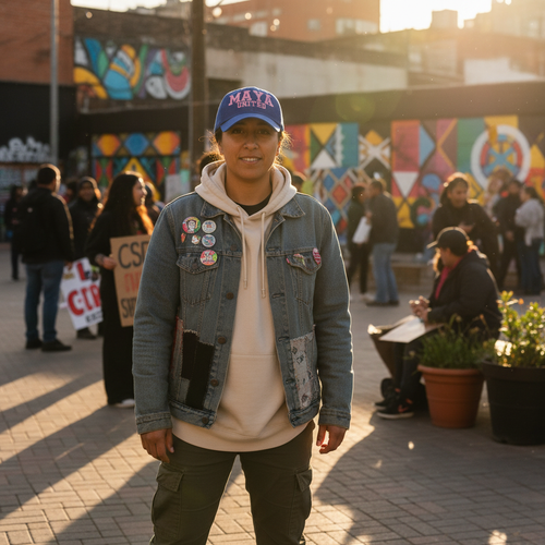 Person wearing Make America Yours Again Hat with pink stitch embroidery in urban setting