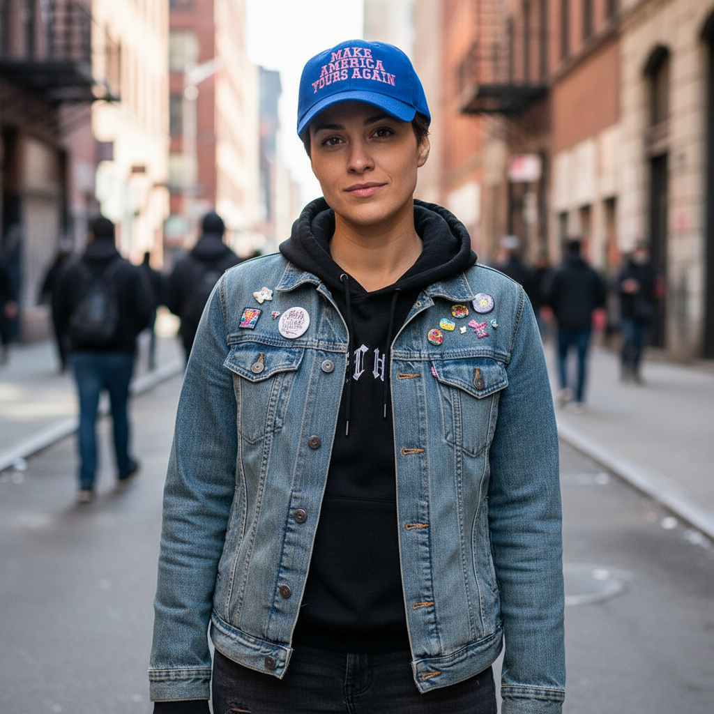 Person wearing Make America Yours Again Hat with pink block letter embroidery in urban setting