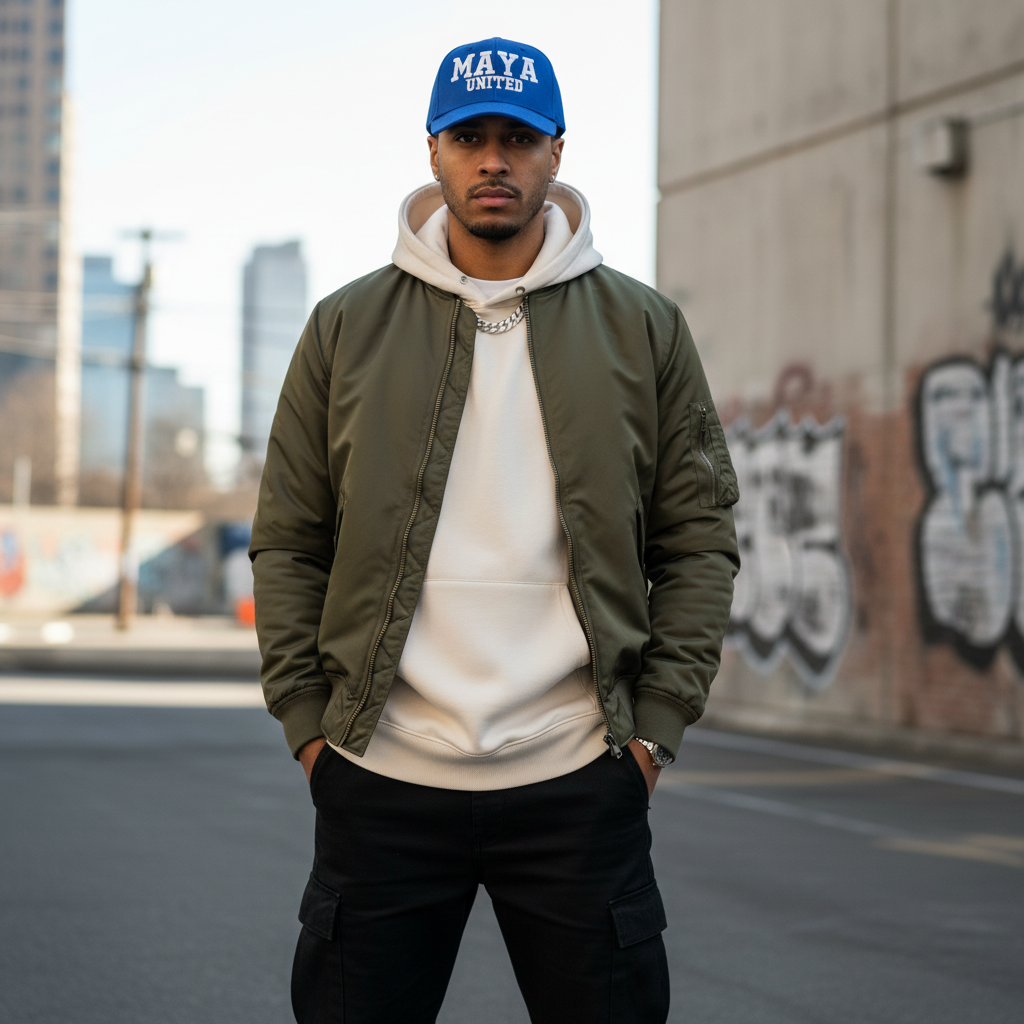 Person wearing M.A.Y.A. United Hat with white stitch embroidery in urban setting
