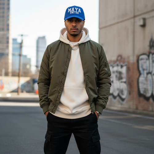 Person wearing M.A.Y.A. United Hat with white stitch embroidery in urban setting